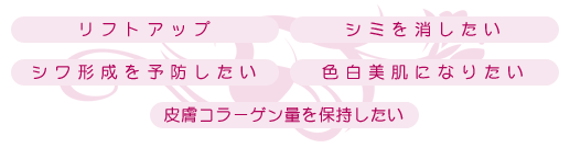 「リフトアップ」「シミを消したい」「シワ形成を予防したい」「色白美肌になりたい」「皮膚コラーゲン量を保持したい」